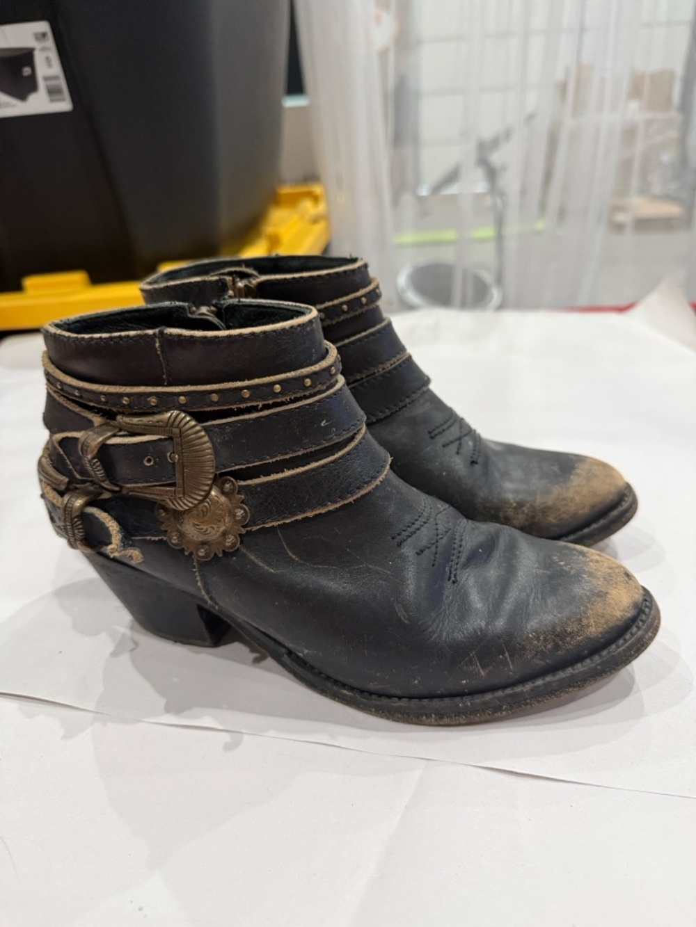 Women's Black Leather Ankle Booties with Decorative Buckle Straps